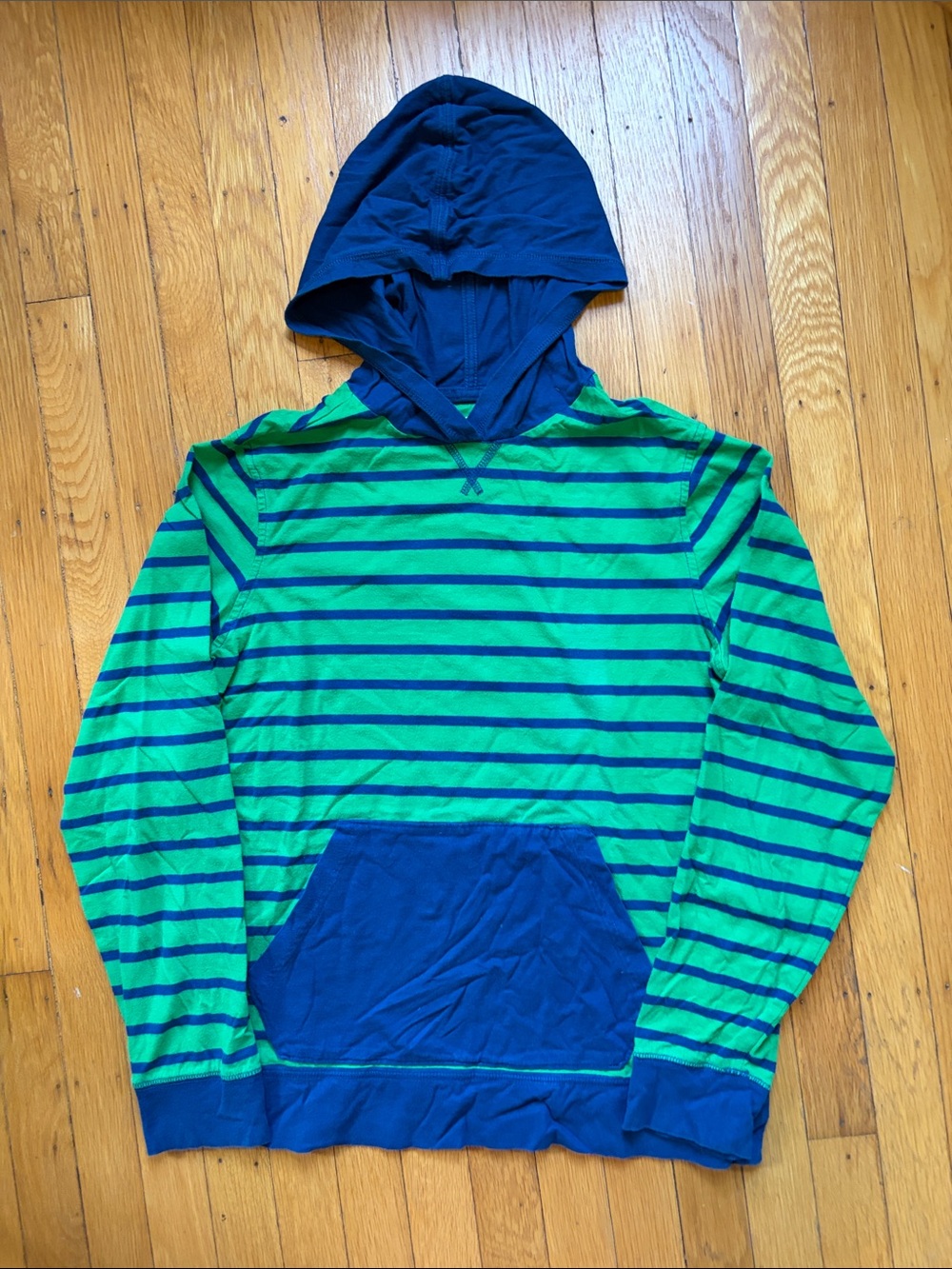 Lands' End Kids Green and Navy Striped Hoodie, size 14-16